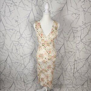 Uncivilized Ivory Floral Print V-Neck Y2K Asymmetrical Flowy Midi Dress